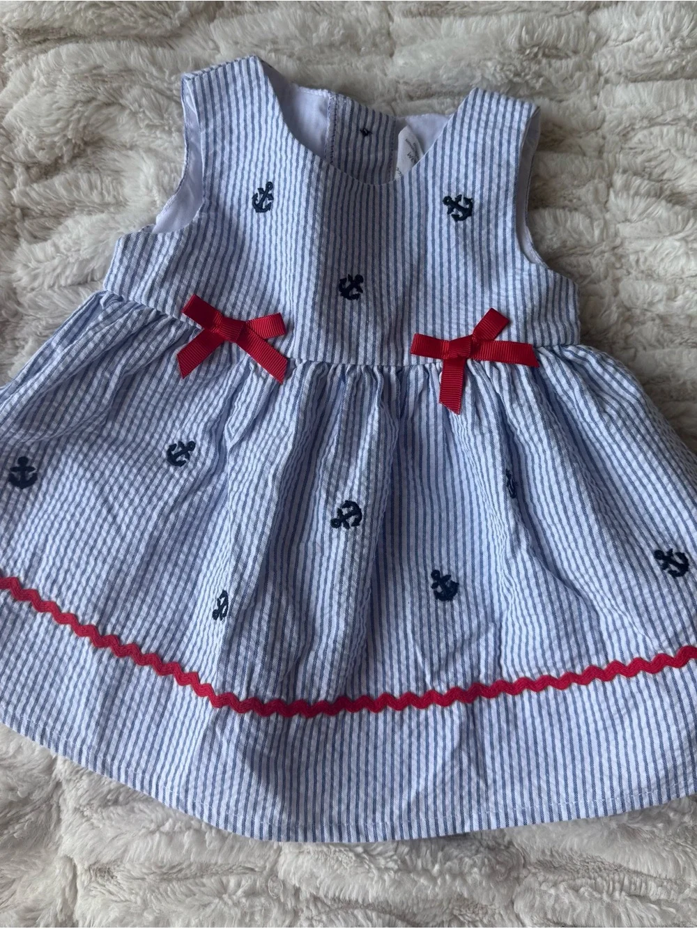 Starting Out 3M Blue Seersucker Nautical Anchor Dress & Bloomers Set